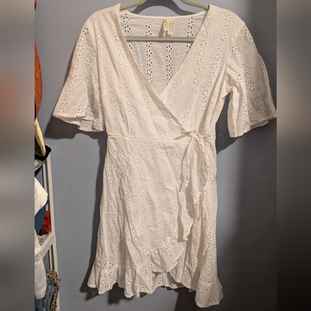 Japna Cottagecore White Eyelet Wrap Dress
